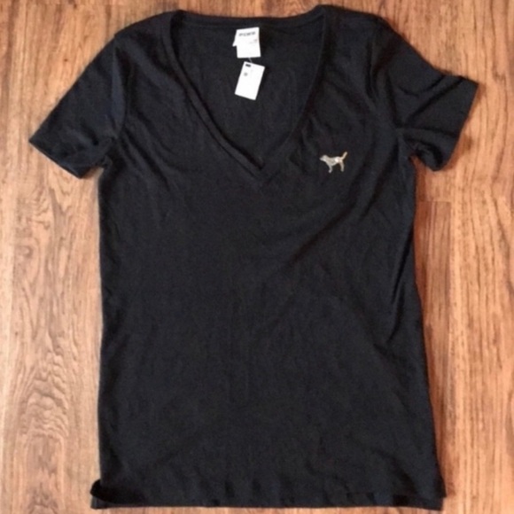 VS PINK Black Sequin Bling V-neck Tee - Picture 3 of 3